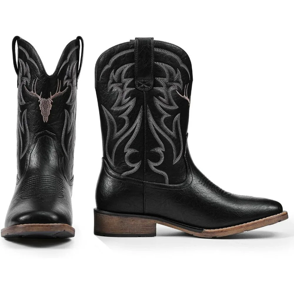 Men's Black Western Boots Slip Resistant Country Boot Retro Classic Embroidered